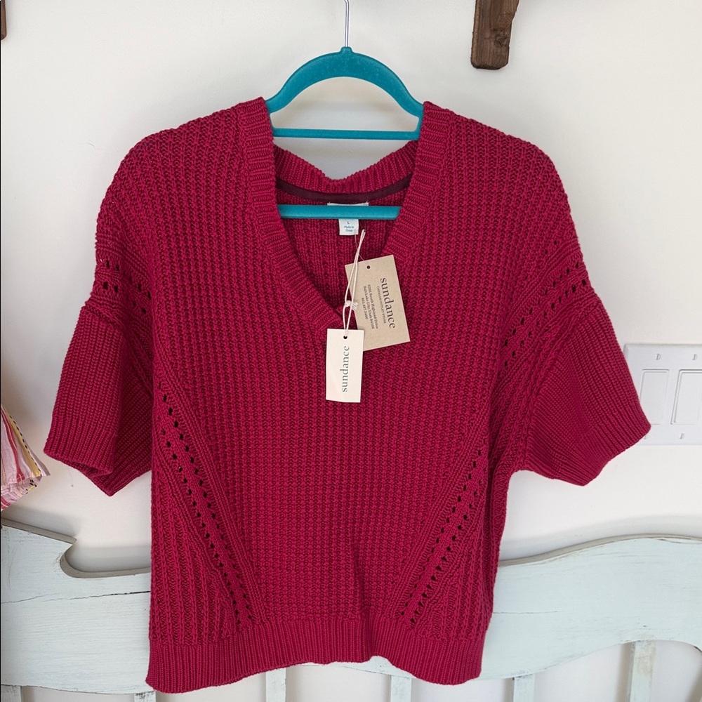 Sundance Raspberry Knit V-Neck Short Sleeve Sweater